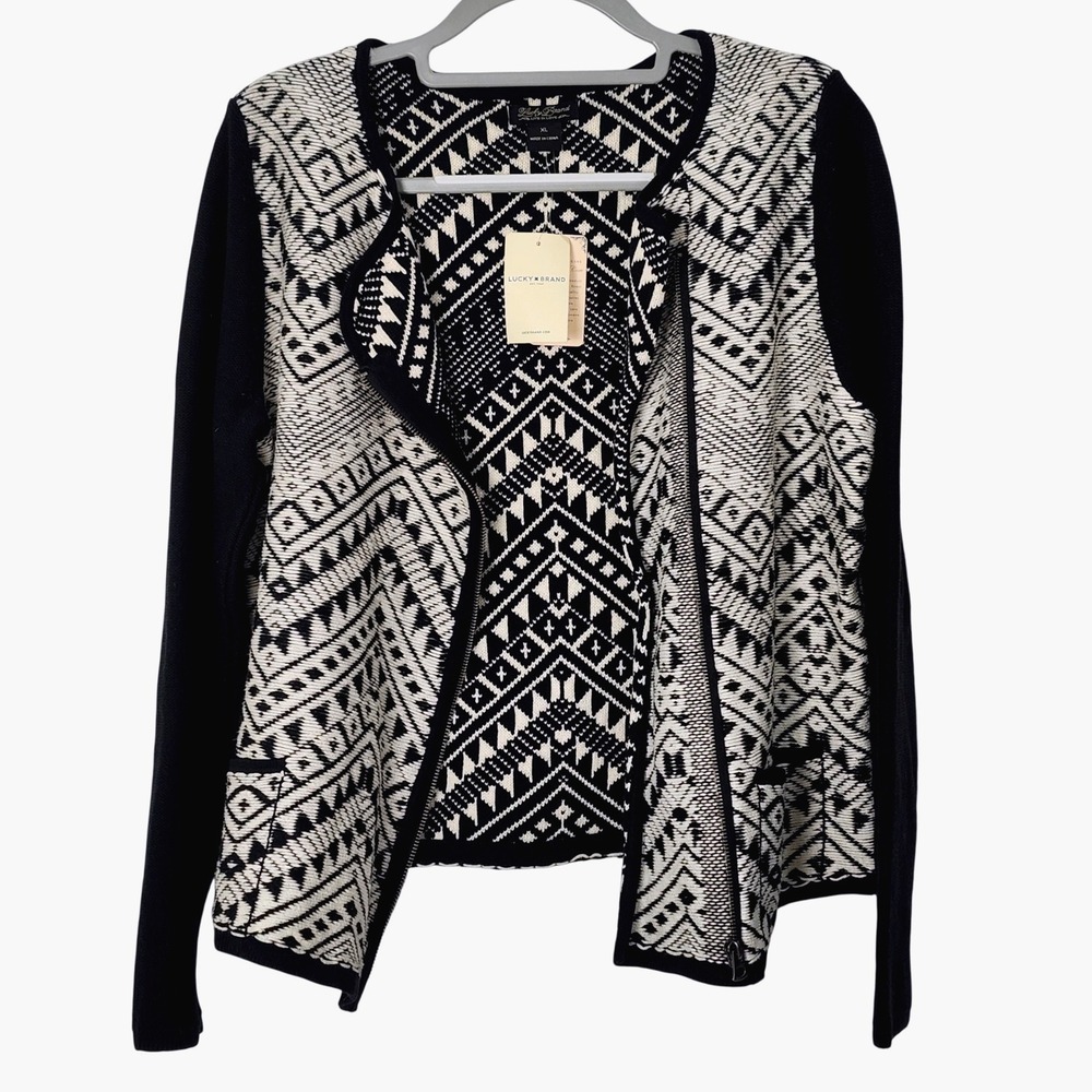 NEW Lucky Brand Geometric‎ Zip Front Cardigan Knit Sweater Womens XL Black White